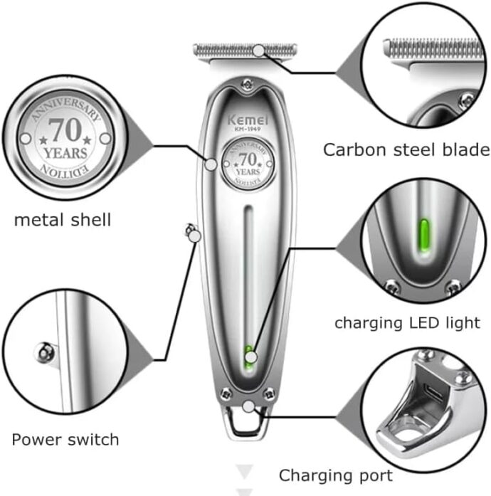 ⁦ماكينة حلاقة للرجال KM-1949 من كيمي لقص الشعر وتشذيب اللحية، عدد الشفرات 4 × 1 Kemei Tondeuse À Cheveux Electrique En Métal -Km 1949- Argent⁩ - الصورة ⁦4⁩