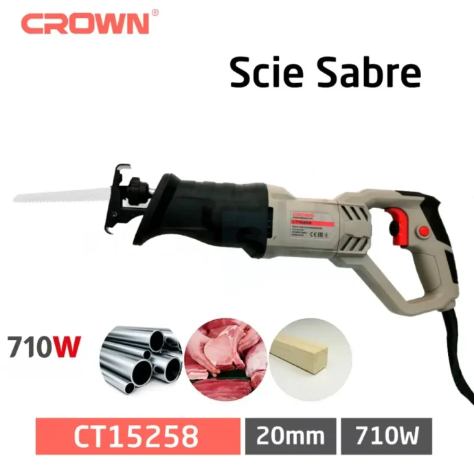 منشار كهربائي متعدد الاستخدامات من كراون CT15258 710w مزود بشفرتين من فئة الطعام Scie Sabre Electrique Multi-utilisations 710w Crown CT15258 Avec Deux Lames Alimentaire