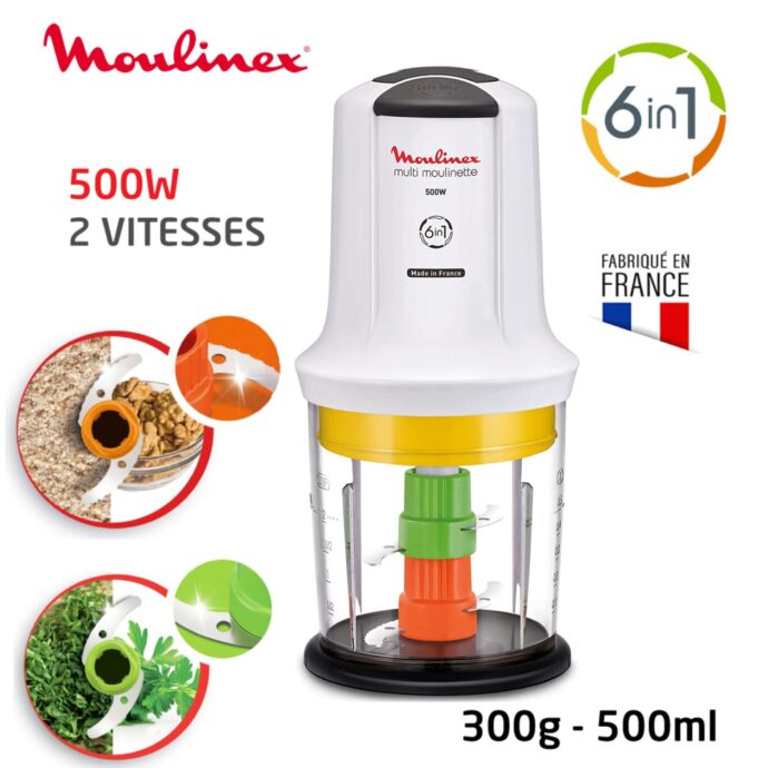 مولينكس Multimoulinette Mini hachoir Moulinex AT723 الرحاية - 6 في 1، قوة 500 واط، واللون الأبيض