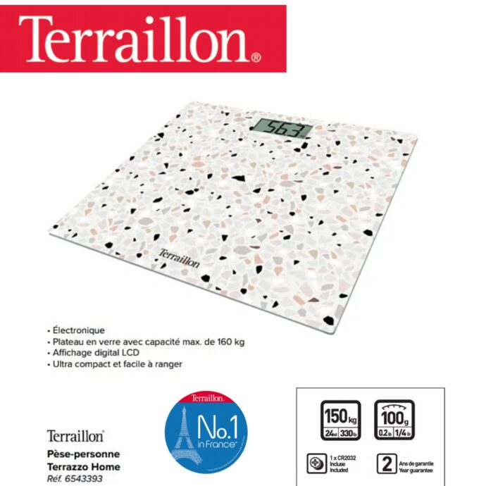 ميزان شخصي إلكتروني Terraillon شاشة LCD مدمجة ومسطحة للغاية مقاس 27 سم × 27 سم سعة 160 كجم تخرج 100 جم - طباعة شاشة تيرازو Terraillon Pèse personne TERRAZZO HOME