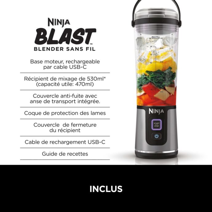 ⁦خلاط عصائر نينجا لاسلكي Ninja Blast Blender portable, 530 ml sans fil puissant, rechargeable⁩ - الصورة ⁦5⁩