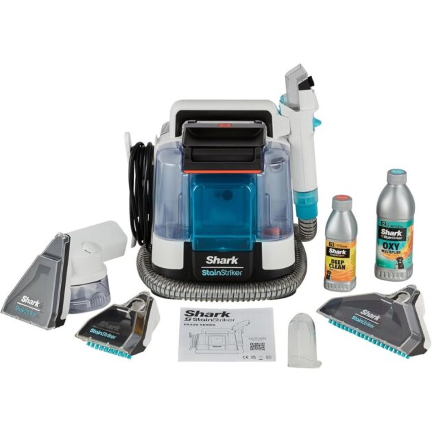 منظف ​​البقع Shark StainStriker مع 5 أدوات Shark StainStriker Nettoyeur de taches avec 5 outils dont accessoire pour animaux, suceur plat, tuyau, 2 Formules nettoyage sur mesure Élimine taches, odeurs, saleté. Léger et portable, 450W PX200EUT