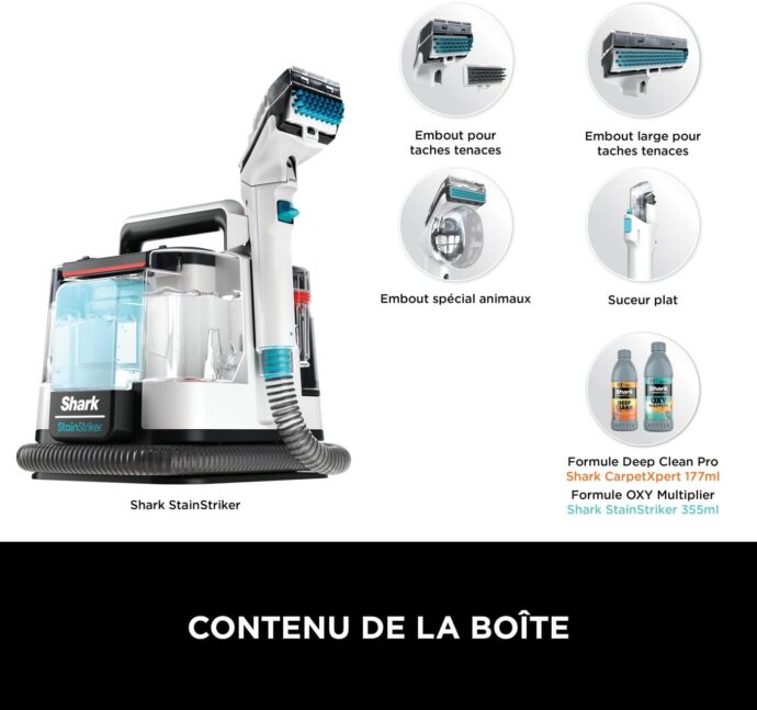 ⁦منظف ​​البقع Shark StainStriker مع 5 أدوات Shark StainStriker Nettoyeur de taches avec 5 outils dont accessoire pour animaux, suceur plat, tuyau, 2 Formules nettoyage sur mesure Élimine taches, odeurs, saleté. Léger et portable, 450W PX200EUT⁩ - الصورة ⁦6⁩
