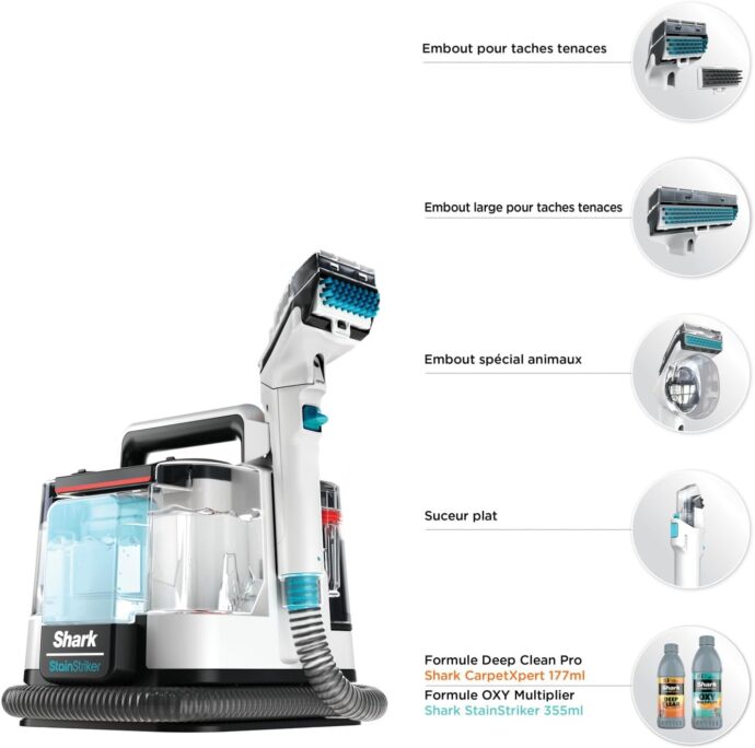⁦منظف ​​البقع Shark StainStriker مع 5 أدوات Shark StainStriker Nettoyeur de taches avec 5 outils dont accessoire pour animaux, suceur plat, tuyau, 2 Formules nettoyage sur mesure Élimine taches, odeurs, saleté. Léger et portable, 450W PX200EUT⁩ - الصورة ⁦7⁩