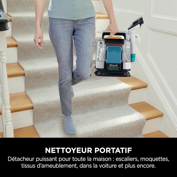 ⁦منظف ​​البقع Shark StainStriker مع 5 أدوات Shark StainStriker Nettoyeur de taches avec 5 outils dont accessoire pour animaux, suceur plat, tuyau, 2 Formules nettoyage sur mesure Élimine taches, odeurs, saleté. Léger et portable, 450W PX200EUT⁩ - الصورة ⁦4⁩