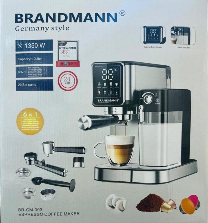 ⁦BRANDMANN Machine A Café 6 EN 1 Avec Réservoir De Lait - 20 Bars 1350 W - CM003-Noir-Agent⁩ - الصورة ⁦2⁩