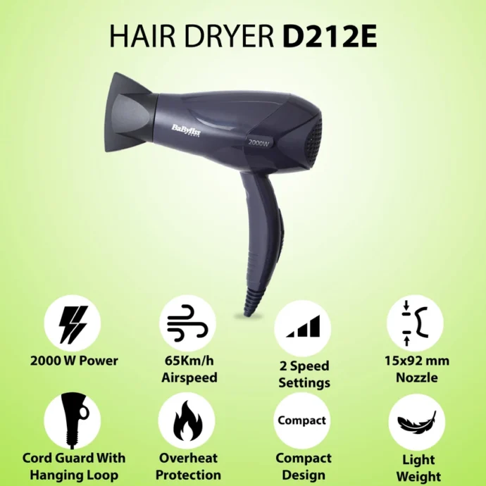⁦مجفف الشعر BaByliss 2000 بتصميم خفيف الوزن BaByliss Sèche-cheveux Powerlight 2000 Design Léger D212E⁩ - الصورة ⁦2⁩