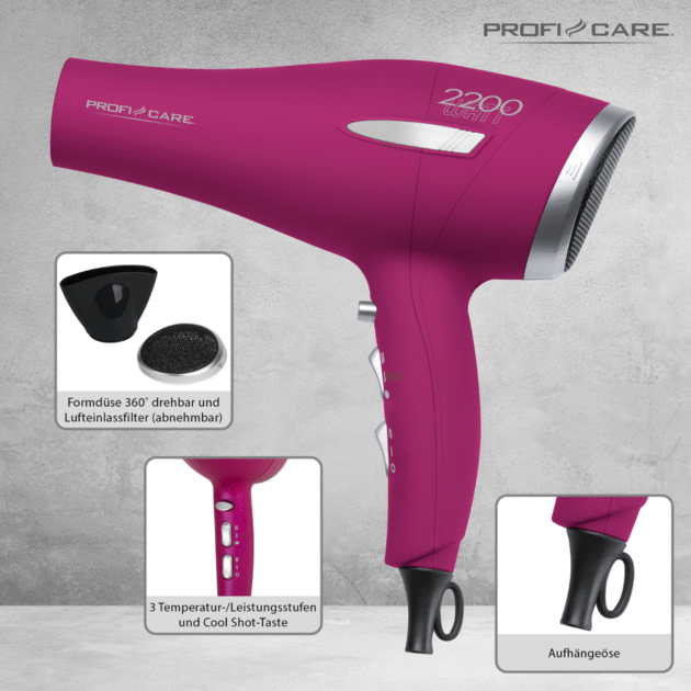 مجفف الشعر الاحترافي ProfiCare PC-HT 3045 أرجواني/فضي Seche cheveux professionnel 2200 W