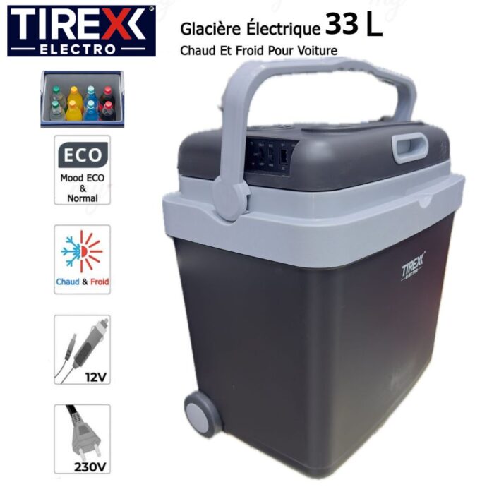 TIREXX Glacière Électrique Portable - Glacière pour Camping avec roues 60W - 33 Litres GLS200