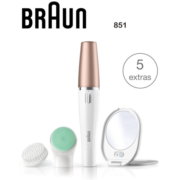 آلة FaceSpa 851V من براون 3 في 1 مع نظام إزالة شعر الوجه وتنظيف البشرة وتقشيرها Braun FaceSpa 851V 3-En-1 Épilateur Visage Et Brosse Nettoyante