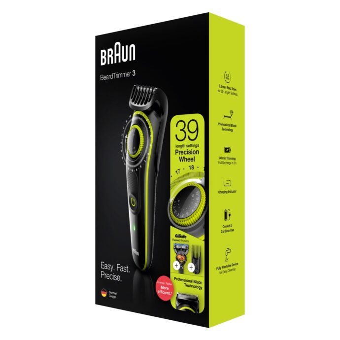 ⁦أداة تشذيب اللحية من جيليت Tondeuse Braun BT3241 بمقبض دقيق ومشطان وماكينة حلاقة فيوجن 5 بروجلايد.⁩ - الصورة ⁦6⁩
